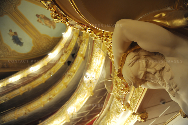 A statue by the entrance into the stalls of the newly refurbished Bolshoi theatre. Moscow, Russia, October 19, 2011