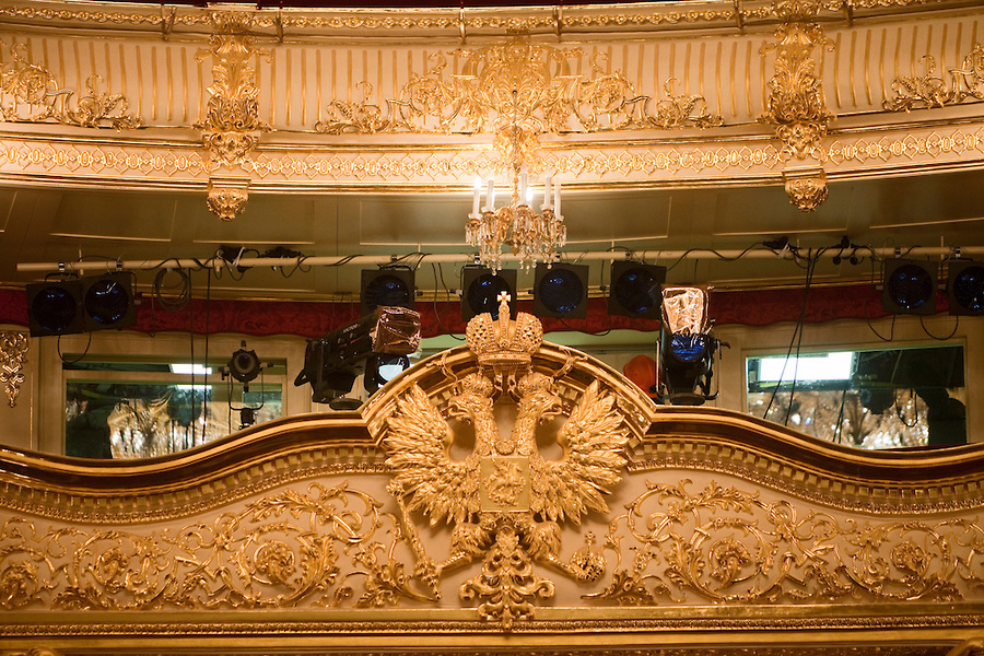 Moscow, Russia, 08/10/2011. The imperial Russian symbol of a double-headed eagle on top of the Tsar's Box in the Bolshoi Theatre during a press tour showcasing the almost completed renovation work. The building has been closed for repairs since 2005 and is scheduled to reopen on October 28th 2011.