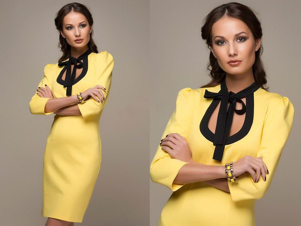 New-Sexy-Bow-Design-Work-OL-Yellow-Dress-Women-Three-Quarter-Knee-length-Formal-Office-Dress